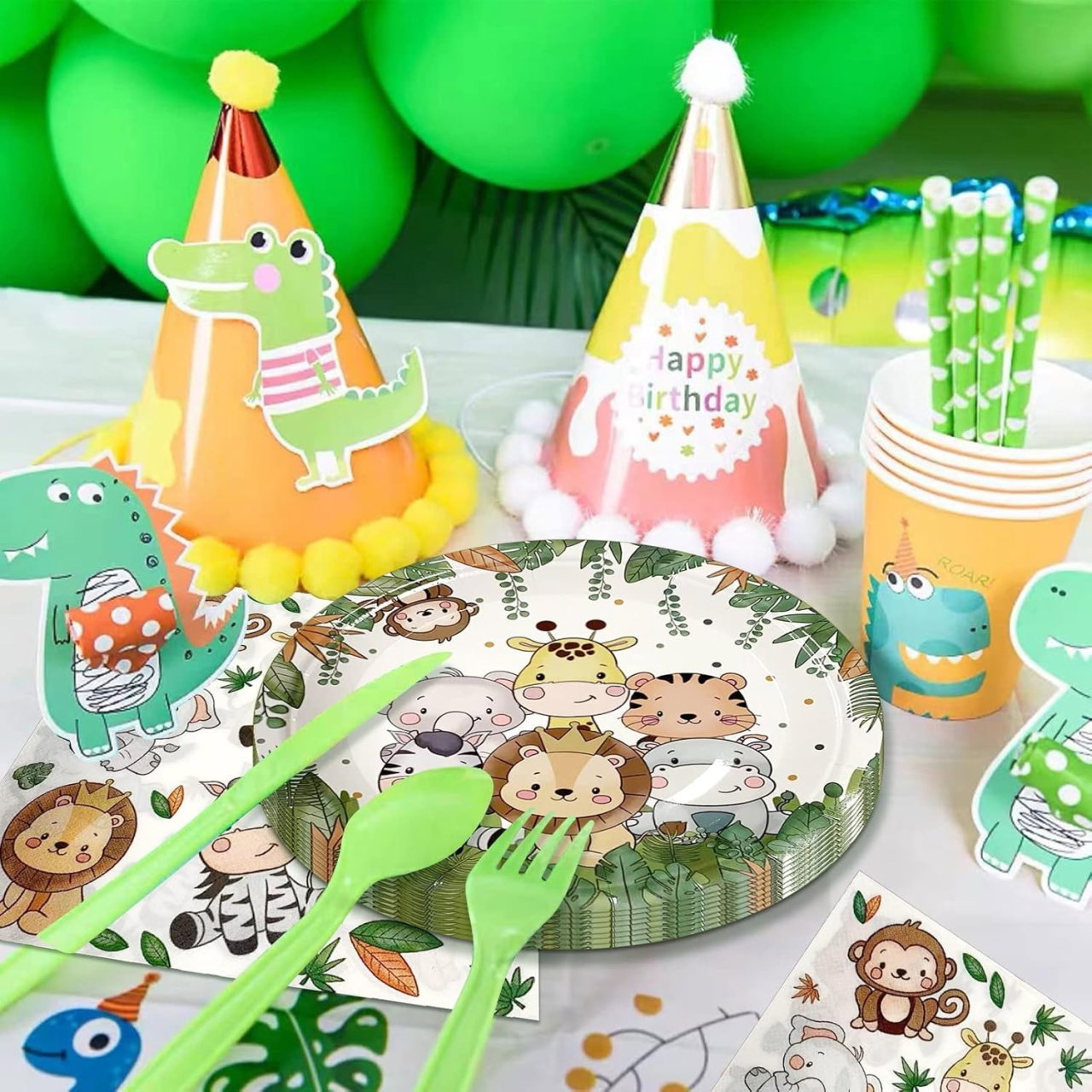 Set 10 Farfurii Unica Folosinta, Flippy, Imprimeu Jungle, din Carton, 22 cm, Verde [3]