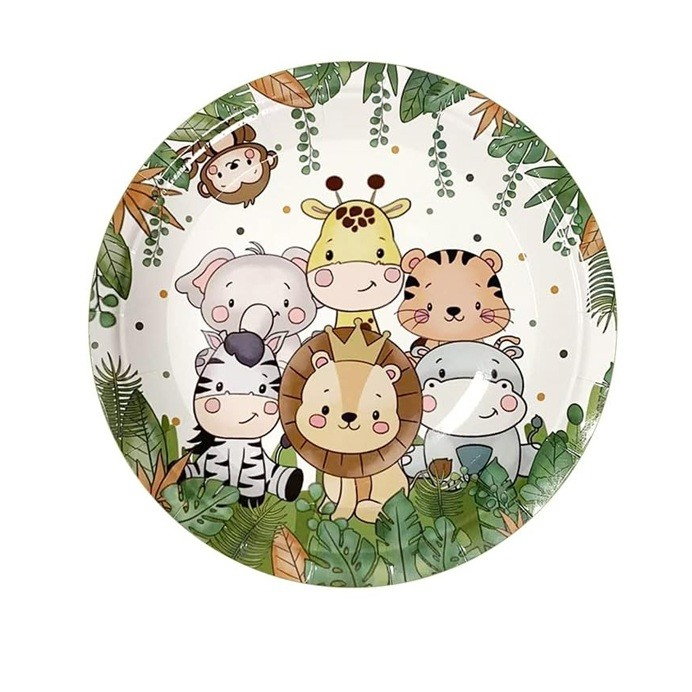 Set 10 Farfurii Unica Folosinta, Flippy, Imprimeu Jungle, din Carton, 22 cm, Verde [1]