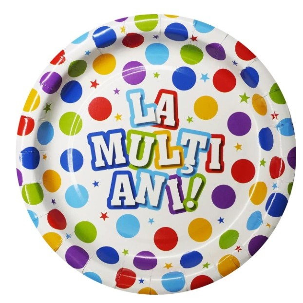 Set 10 Farfurii Unica Folosinta, Flippy, Imprimeu La Multi Ani, din Carton, Diametru 17 cm, Multicolor [1]