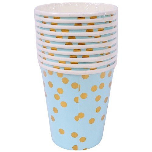 Set 10 Pahare, Flippy, Imprimeu cu Buline, din Carton, 250 ml, 7.5 x 8.5 x 5.2 cm, Albastru/Auriu [3]