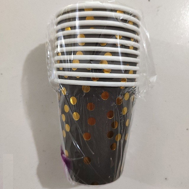 Set 10 Pahare, Flippy, Imprimeu cu Buline, din Carton, 250 ml, 7.5 x 8.5 x 5.2 cm, Negru/Auriu [2]