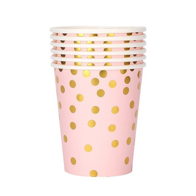 Set 10 Pahare, Flippy, Imprimeu cu Buline, din Carton, 250 ml, 7.5 x 8.5 x 5.2 cm, Roz/Auriu [1]