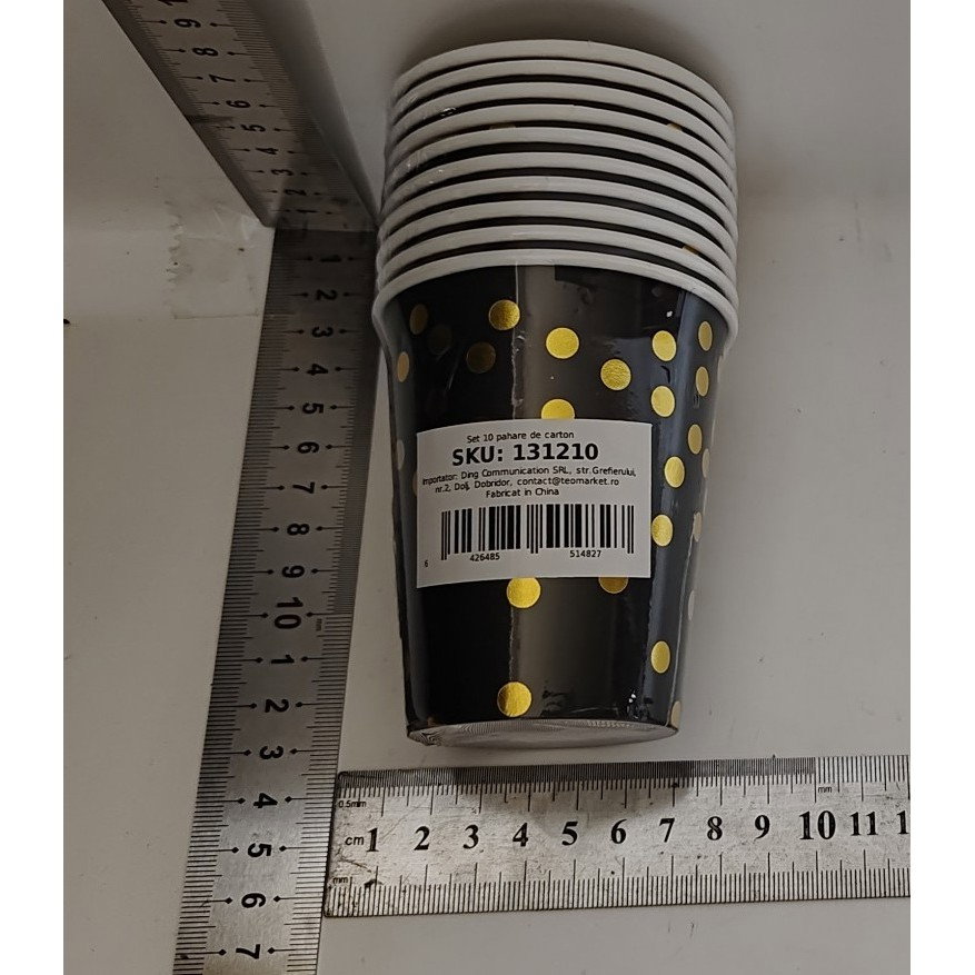 Set 10 Pahare, Flippy, Imprimeu cu Buline, din Carton, 250 ml, 7 x 8.5 x 5 cm, Negru/Auriu [4]