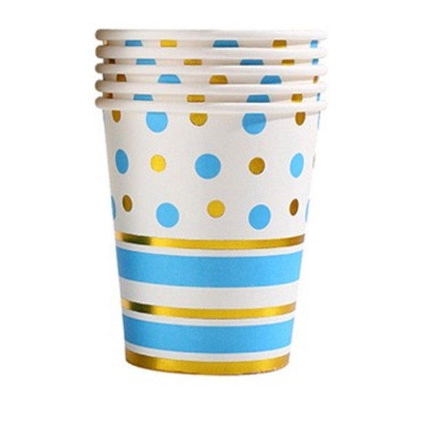 Set 10 Pahare, Flippy, Imprimeu cu Buline si Dungi, din Carton, 250 ml, 7.5 x 8.5 x 5.2 cm, Albastru/Auriu [1]