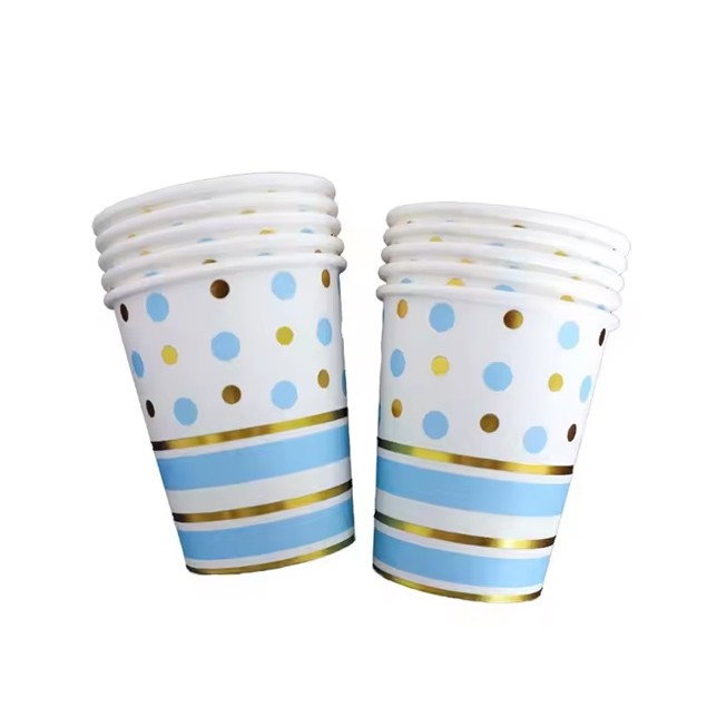 Set 10 Pahare, Flippy, Imprimeu cu Buline si Dungi, din Carton, 250 ml, 7.5 x 8.5 x 5.2 cm, Albastru/Auriu [2]