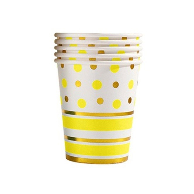 Set 10 Pahare, Flippy, Imprimeu cu Buline si Dungi, din Carton, 250 ml, 7.5 x 8.5 x 5.2 cm, Galben/Auriu [1]