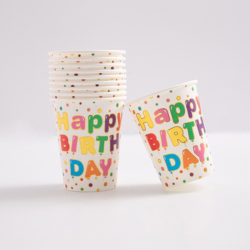 Set 10 Pahare, Flippy, Imprimeu Happy Birthday, din Carton, 250 ml, 7.5 x 8.5 cm, Multicolor [2]