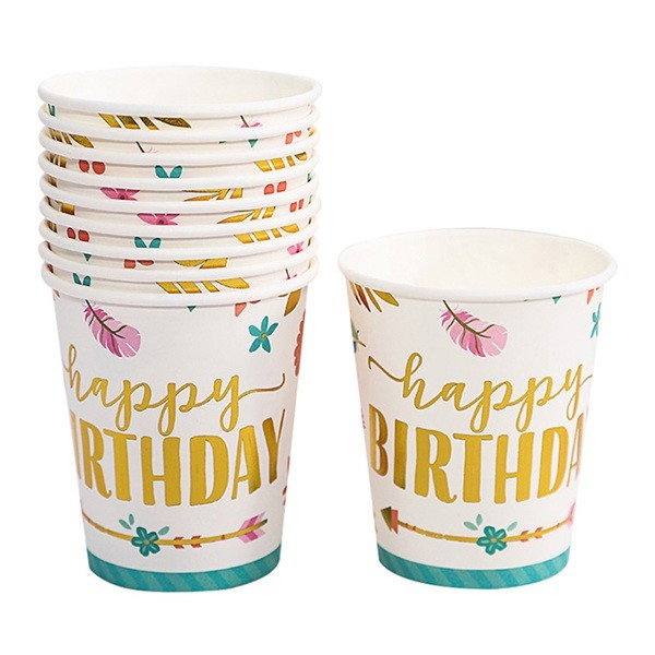 Set 10 Pahare, Flippy, Imprimeu Happy Birthday Gold, din Carton, 250 ml, 7.5 x 8.5 x 5.2 cm, Multicolor [1]