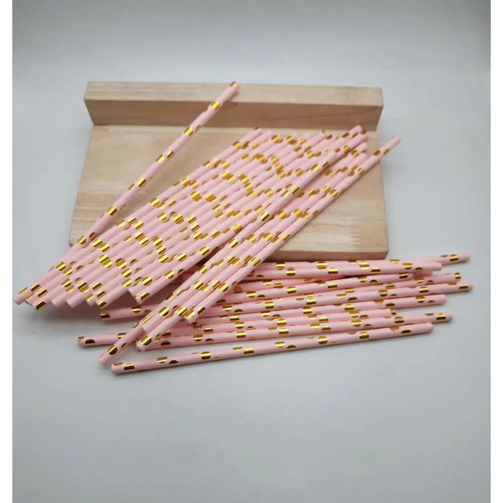 Set 10 Paie, Flippy, din Hartie, 19.5 cm, Model cu Buline Aurii, Roz [2]