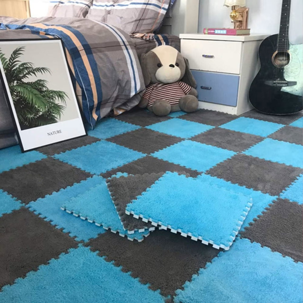 Set 10 Piese Covor tip Puzzle, Flippy, Spuma EVA, Pufos, 30 x 30 x 1 cm, Albastru [2]