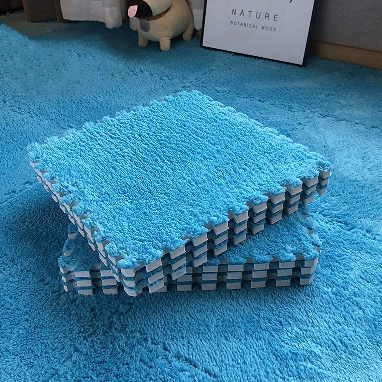 Set 10 Piese Covor tip Puzzle, Flippy, Spuma EVA, Pufos, 30 x 30 x 1 cm, Albastru [4]