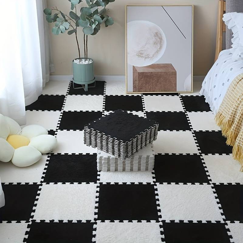 Set 10 Piese Covor tip Puzzle, Flippy, Spuma EVA, Pufos, 30 x 30 x 1 cm, Negru [4]