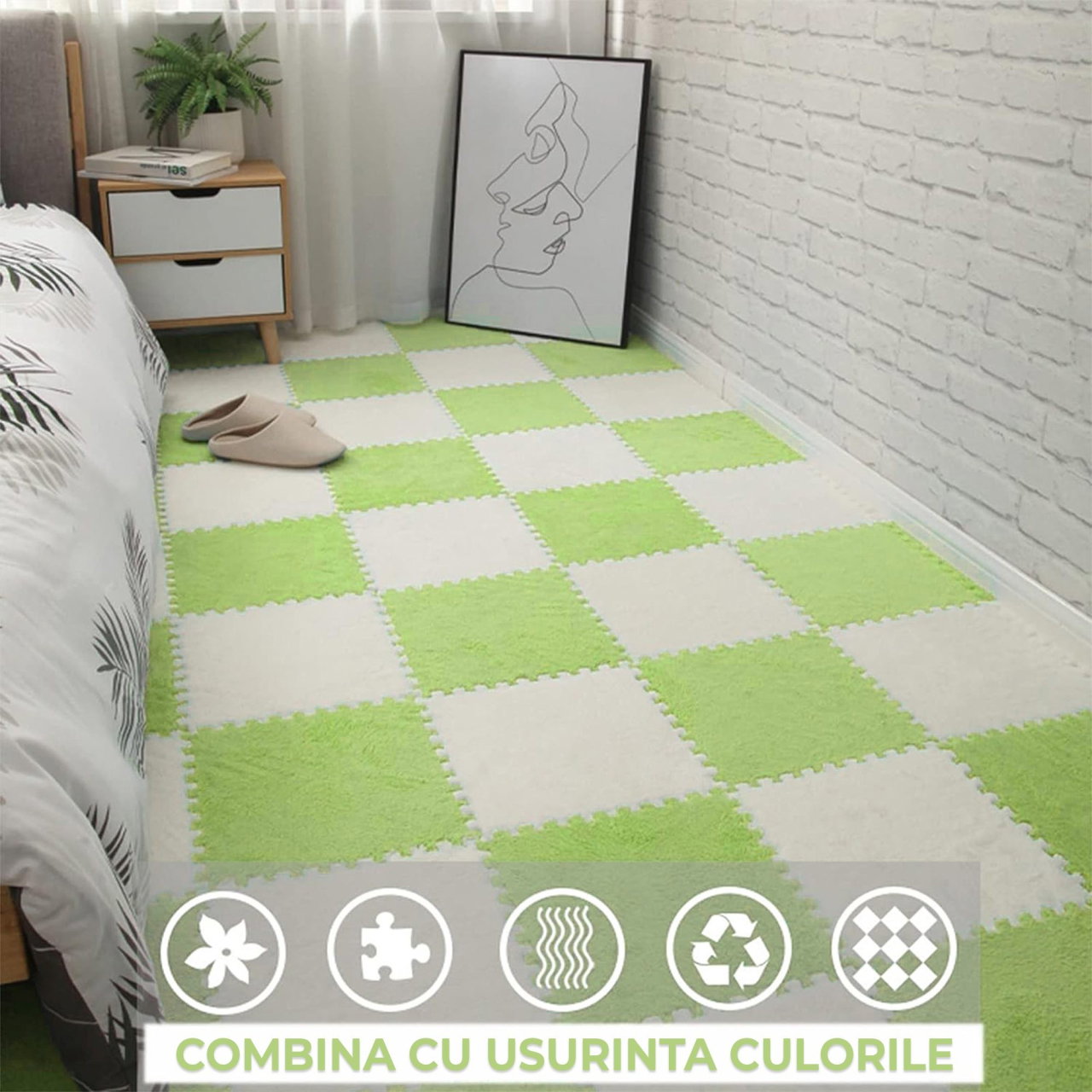 Set 10 Piese Covor tip Puzzle, Flippy, Spuma EVA, Pufos, 30 x 30 x 1 cm, Verde [2]