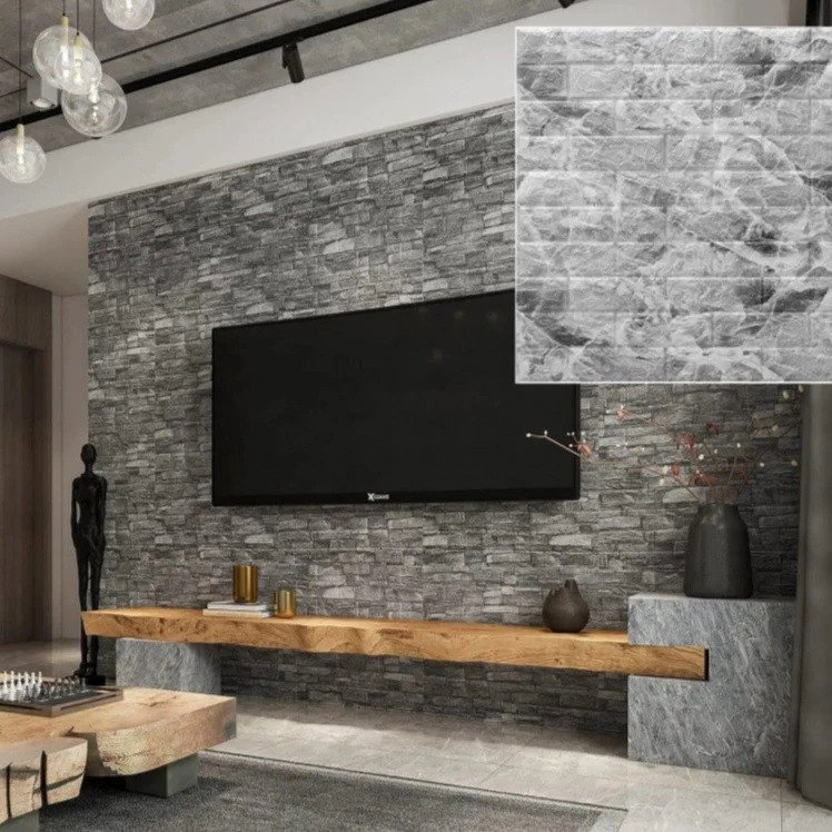 Set 10 Placi Tapet 3D, Flippy, 70 x 77 cm, Grosime 3 mm, din Polietilena, Model Caramida, Suprafata acoperita 5.3 mp, Marmura Gri [3]