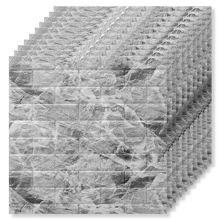 Set 10 Placi Tapet 3D, Flippy, 70 x 77 cm, Grosime 3 mm, din Polietilena, Model Caramida, Suprafata acoperita 5.3 mp, Marmura Gri [2]