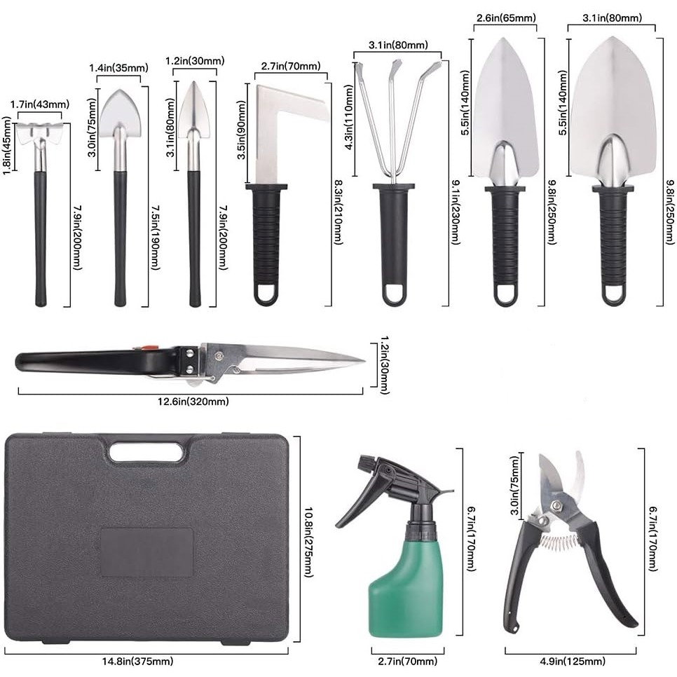 Set 10 Unelte de Gradina, Flippy, pentru Plantare Prelucrare Sol si Ingrijire Plante, Manere Negre, Material PVC si Otel Inoxidabil, Cutie Inclusa, 37x28x7 cm, Negru [2]