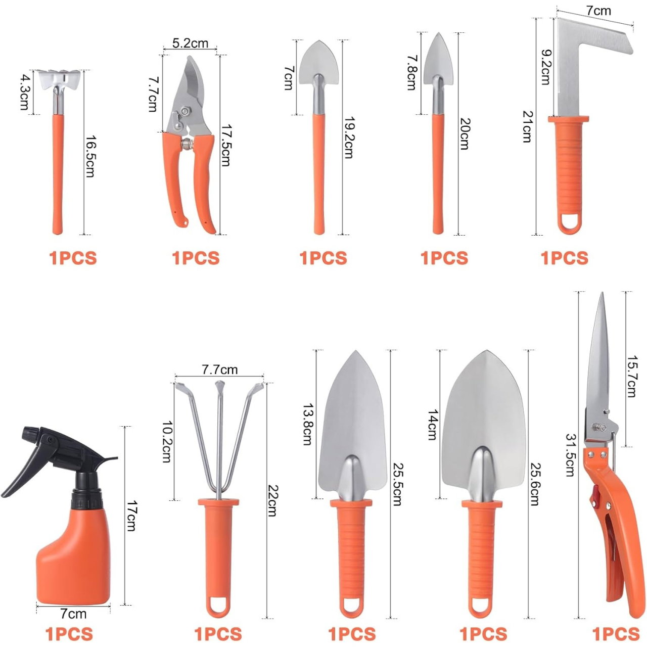 Set 10 Unelte de Gradina, Flippy, pentru Plantare Prelucrare Sol si Ingrijire Plante, Manere Portocalii, Material PVC si Otel Inoxidabil, Cutie Inclusa, 37x28x7 cm, Negru [8]