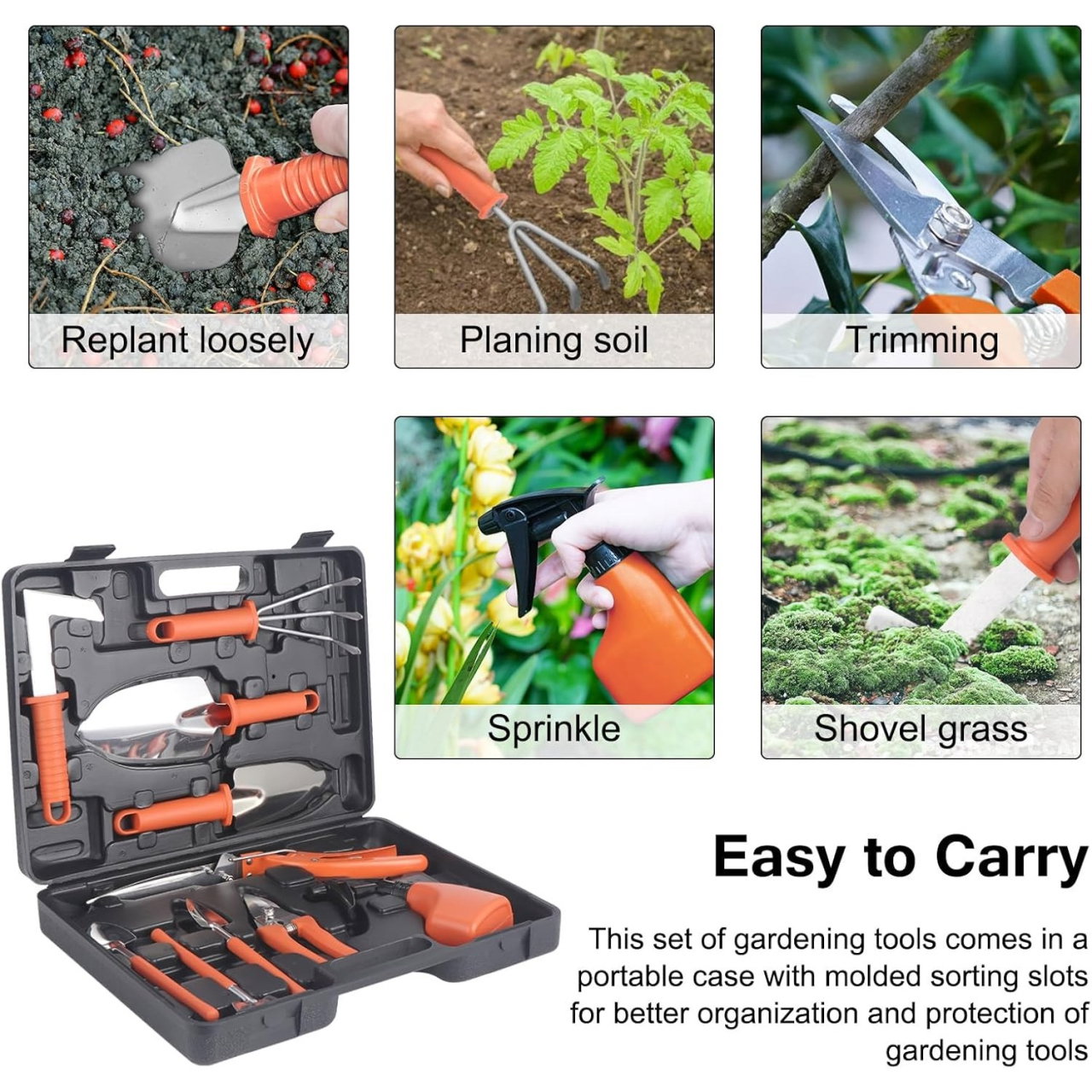 Set 10 Unelte de Gradina, Flippy, pentru Plantare Prelucrare Sol si Ingrijire Plante, Manere Portocalii, Material PVC si Otel Inoxidabil, Cutie Inclusa, 37x28x7 cm, Negru [3]