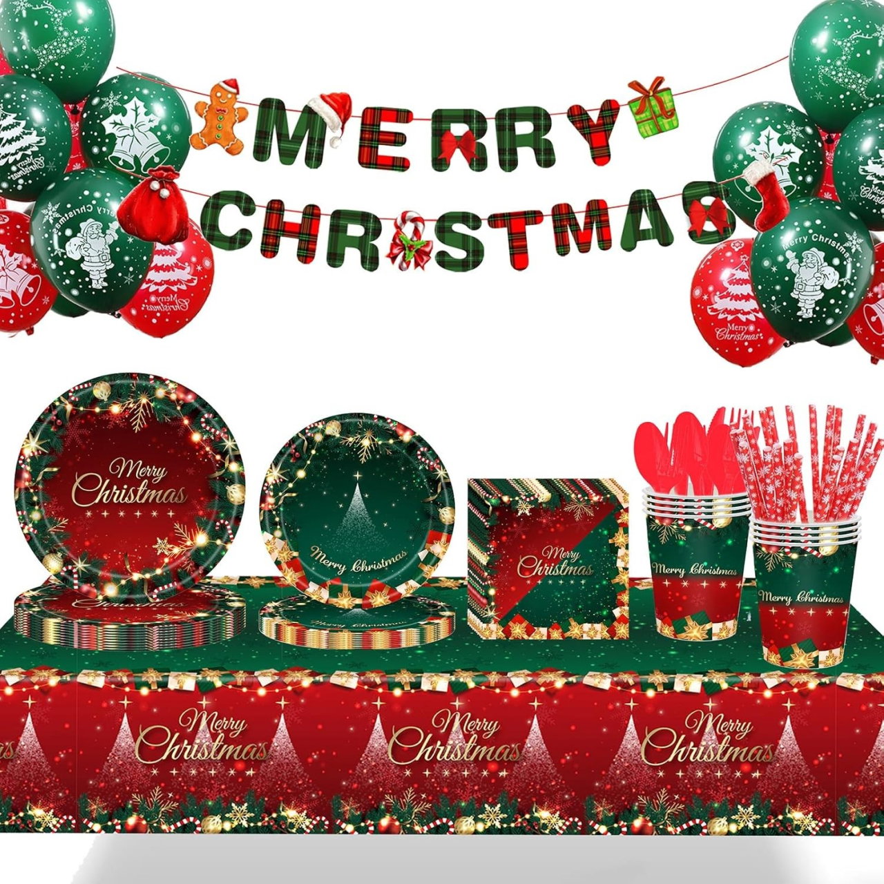 Set 119 Piese, Flippy, pentru Masa de Craciun, Farfurii 18 cm, Farfurii 23 cm, Pahare, Servetele, Tacamuri, Fata de Masa, Ghirlanda, Paie, Rosu/Verde [1]