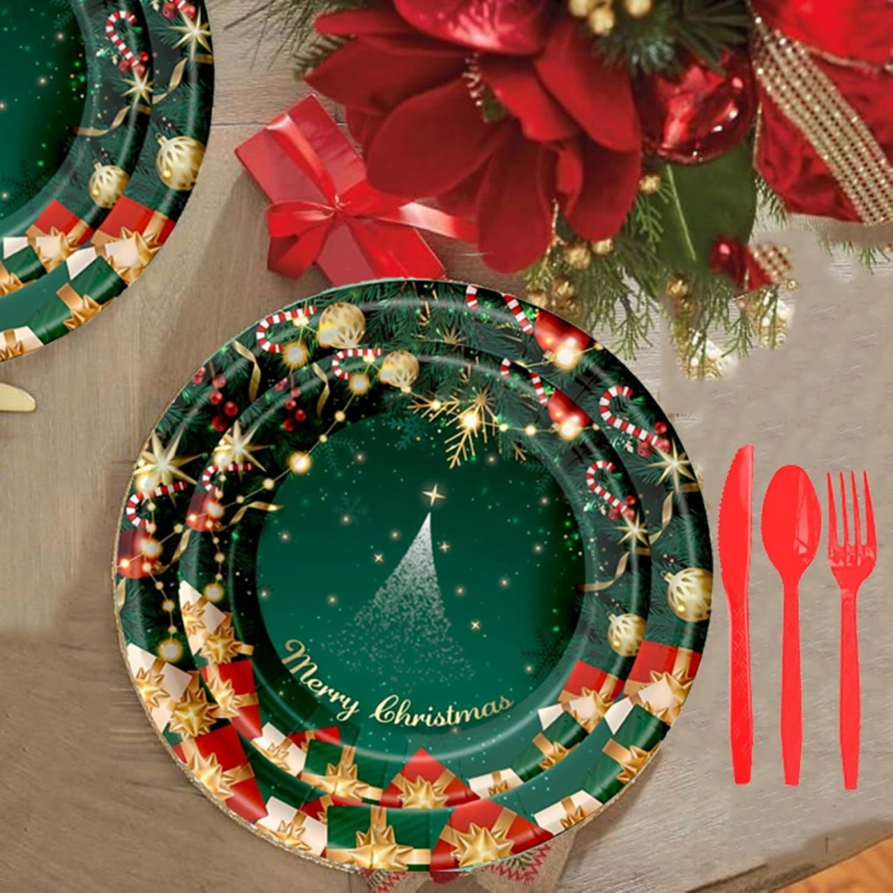 Set 119 Piese, Flippy, pentru Masa de Craciun, Farfurii 18 cm, Farfurii 23 cm, Pahare, Servetele, Tacamuri, Fata de Masa, Ghirlanda, Paie, Rosu/Verde [4]