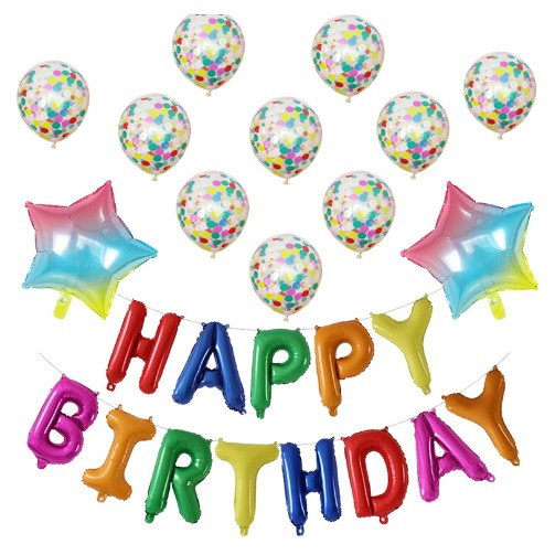 Set 12 Baloane si 1, Set pentru Aniversare, mesaj Happy Birthday, din folie de aluminiu, 30 -45 cm, Cu paiete, latex si folie, Multicolor [1]