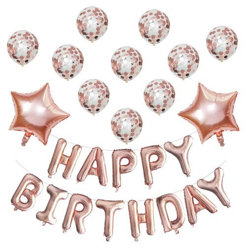 Set 12 Baloane si 1, Set pentru Aniversare, mesaj Happy Birthday, din folie de aluminiu, 30 -45 cm, Cu paiete, latex si folie, Rose Gold [1]