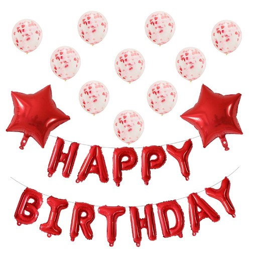 Set 12 Baloane si 1, Set pentru Aniversare, mesaj Happy Birthday, din folie de aluminiu, 30 -45 cm, Cu paiete, latex si folie, Rosu [1]