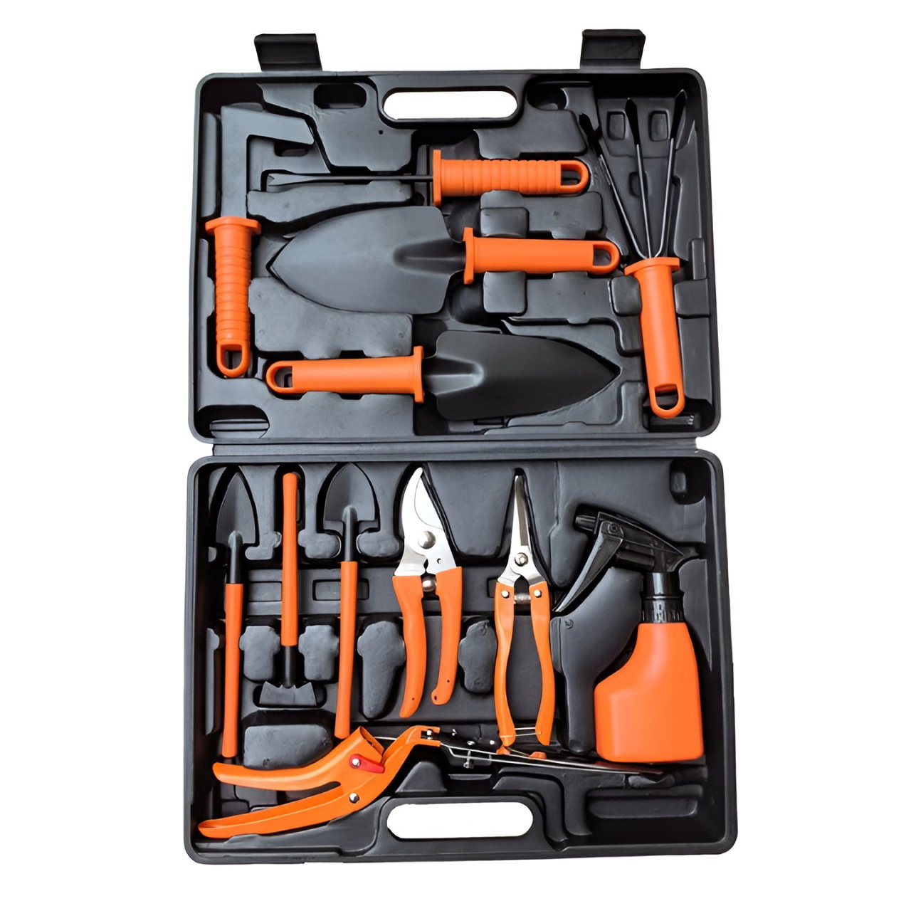 Set 12 Unelte de Gradina, Flippy, pentru Plantare Prelucrare Sol si Ingrijire Plante, Manere Portocalii, Material PVC si Cardboard, Cutie Inclusa, 37x28 cm, Negru [1]