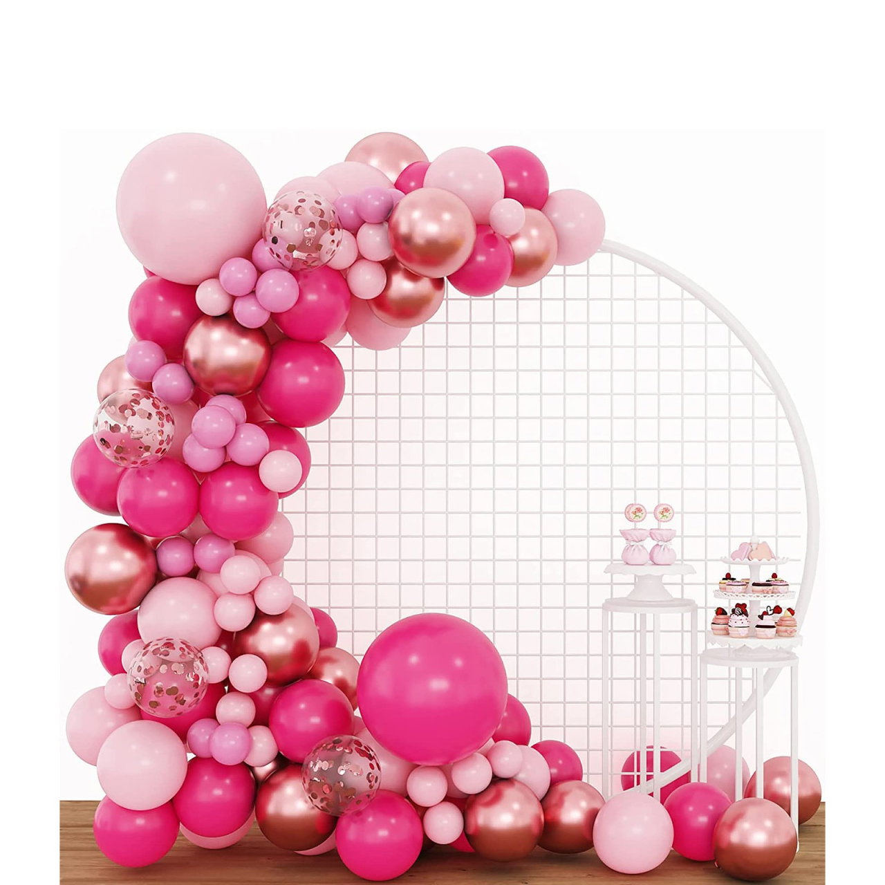 Set 126 Baloane din Latex, Flippy, Model Petrecere pentru Arcada, Baloane Party, 12 cm, 25 cm, 30 cm, 45 cm, Roz, Roz Pal, Gold [3]