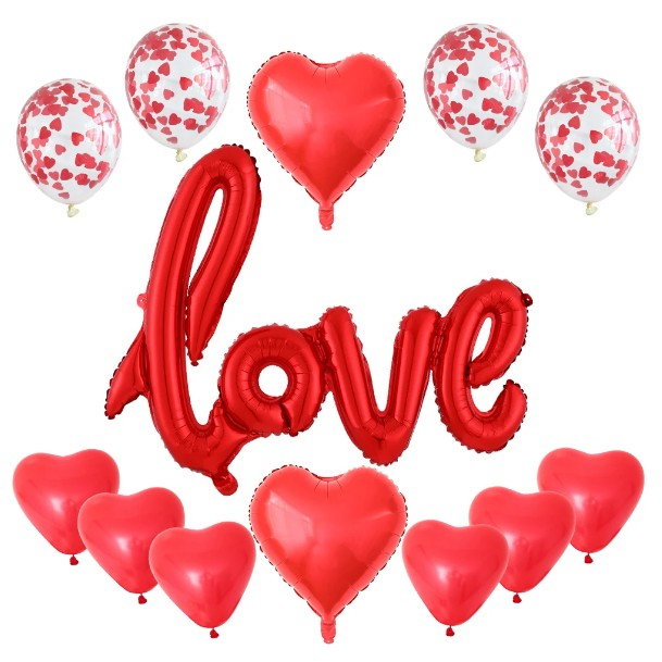 Set 13 Baloane din Folie Metalizata si din Latex, Flippy, Figurine Litere si Inima, Model Love, Tema Ziua Indragostitilor, Baloane Party cu Confetti, 102x65cm, 45 cm, 30 cm, Pai Inclus, Umflare cu Aer [1]