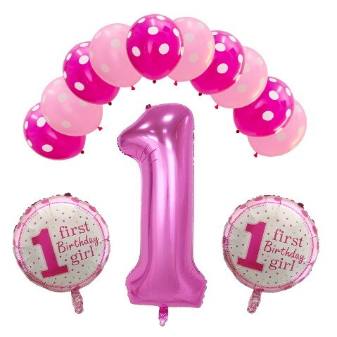 Set 13 baloane, pentru Prima Aniversare, 10 baloane latex, 2 baloane rotunde folie, cifra 1, Roz [1]