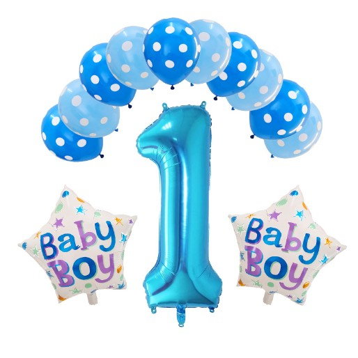 Set 13 baloane, pentru Prima Aniversare, 10 baloane latex, 2 baloane stea folie, cifra 1, Albastru [1]