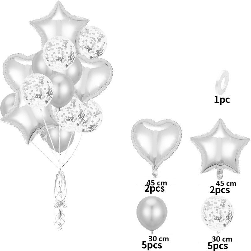 Set 14 Baloane din Folie Metalizată si din Latex, Flippy, Figurine Stea si Inima 45 cm, Baloane Latex 30 cm, Tema Buchet, Ambalaj Individual, Pai Inclus, Umflare cu Aer sau Heliu, Argintiu [2]