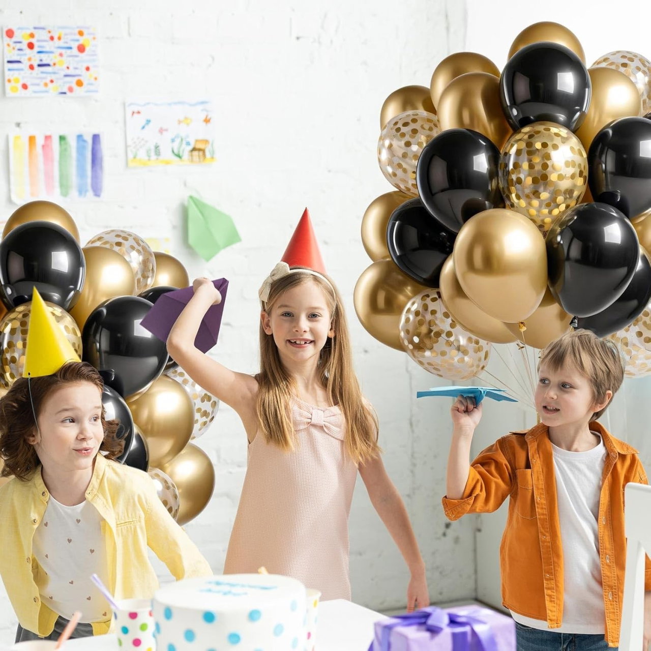 Set 16 Baloane din Latex, Flippy, Model Party, 30 cm, Auriu, Negru, Confetti, 2.8 g [5]