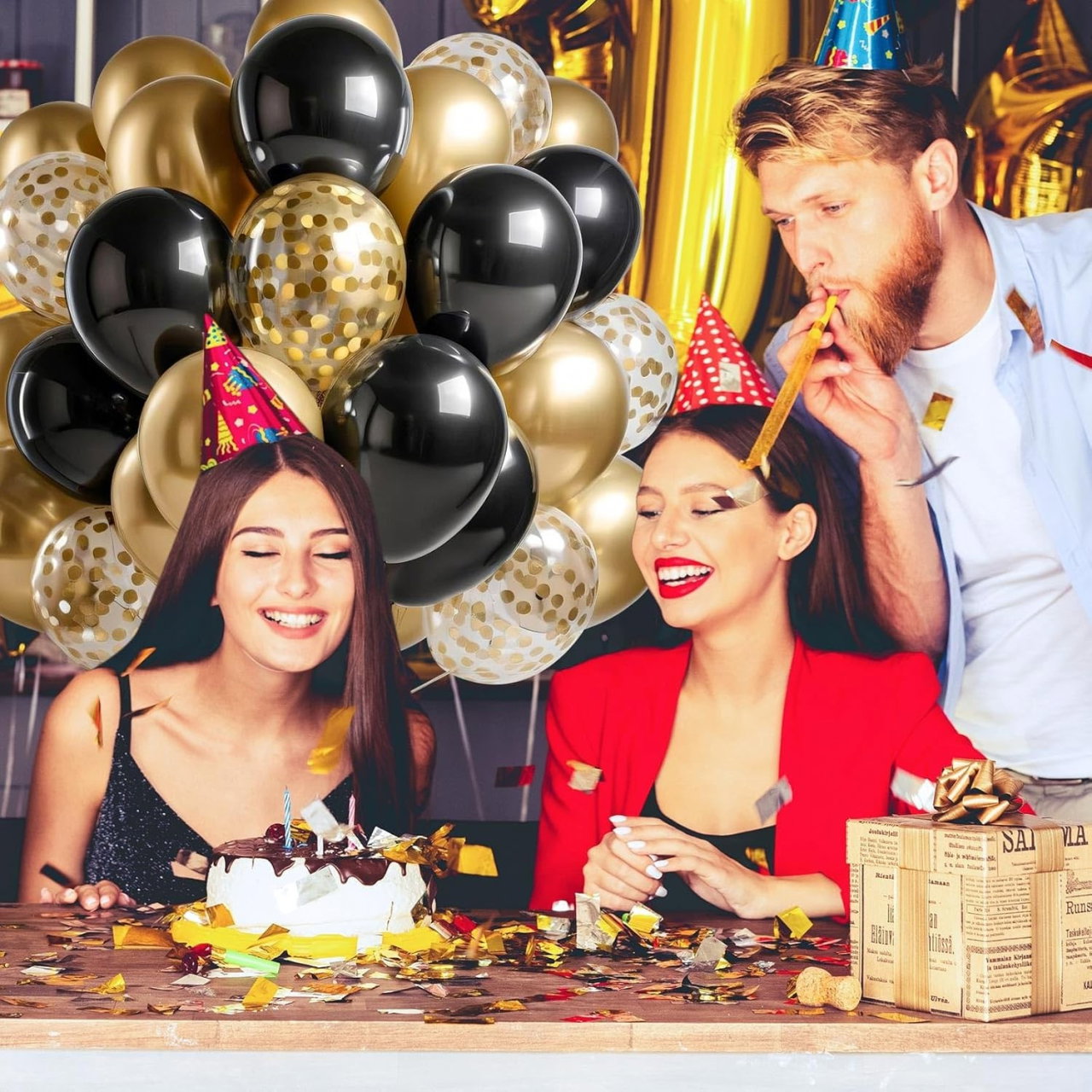 Set 16 Baloane din Latex, Flippy, Model Party, 30 cm, Auriu, Negru, Confetti, 2.8 g [3]