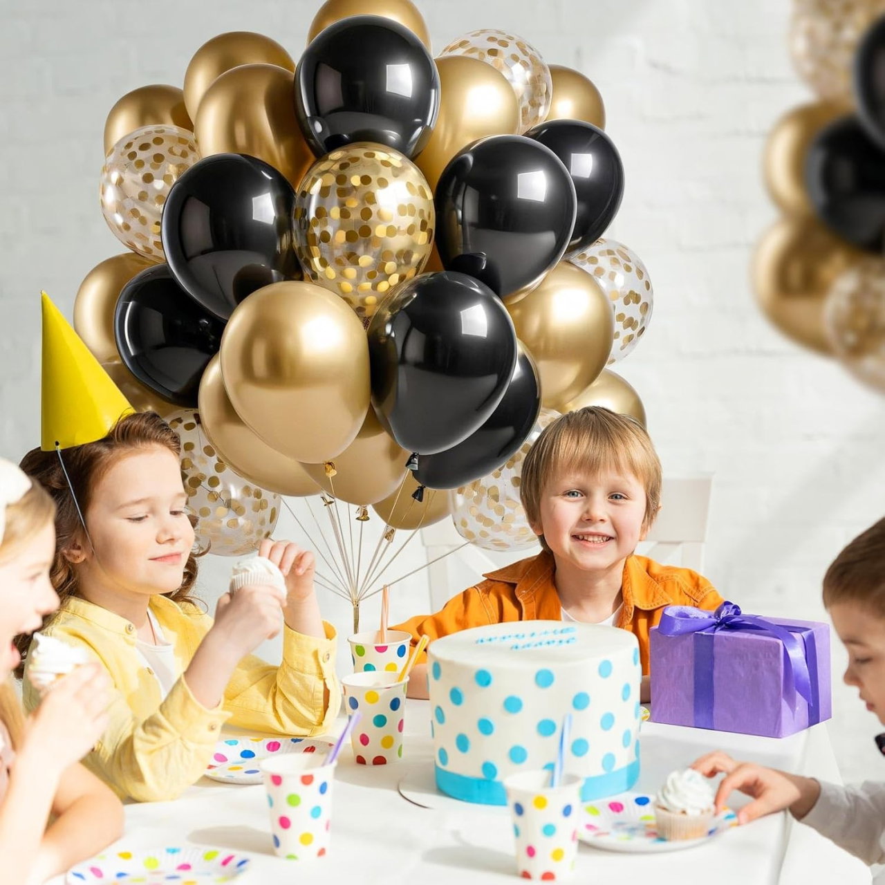 Set 16 Baloane din Latex, Flippy, Model Party, 30 cm, Auriu, Negru, Confetti, 2.8 g [6]