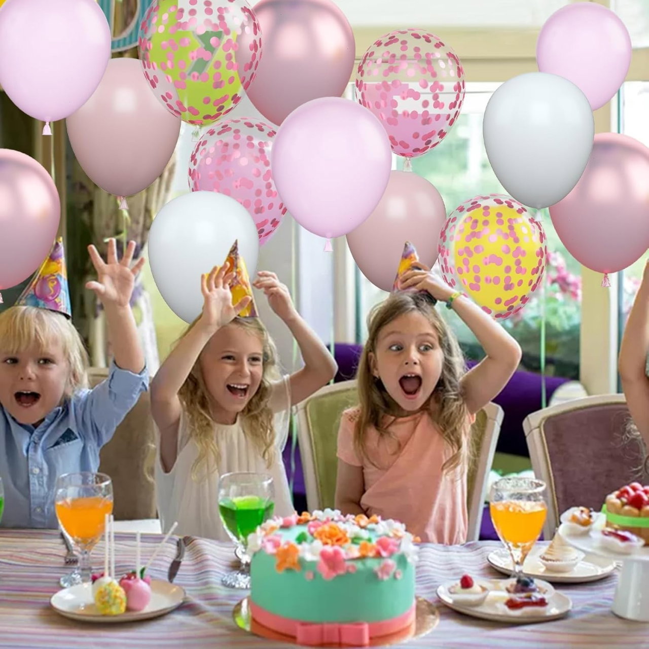 Set 16 Baloane din Latex Metalizate, Flippy, Model Party, 30 cm, Alb, Roz, Roz Chrome, Transparent Confetti 2.8 g [2]