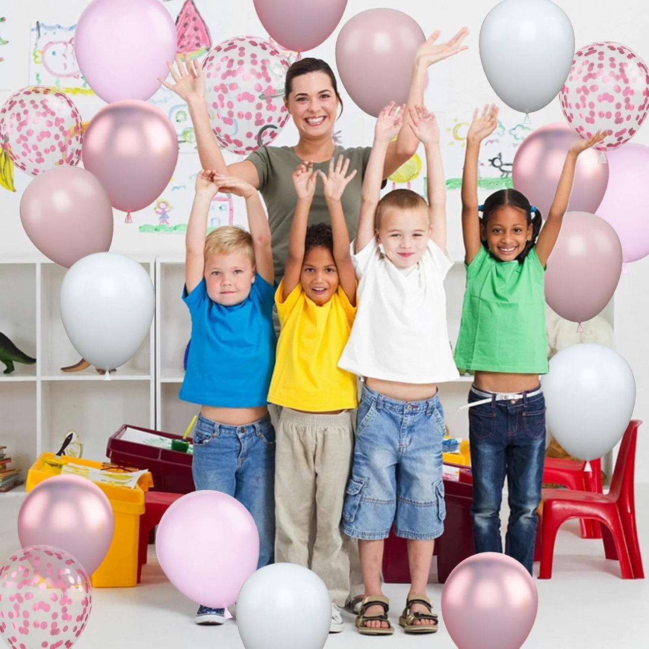 Set 16 Baloane din Latex Metalizate, Flippy, Model Party, 30 cm, Alb, Roz, Roz Chrome, Transparent Confetti 2.8 g [3]