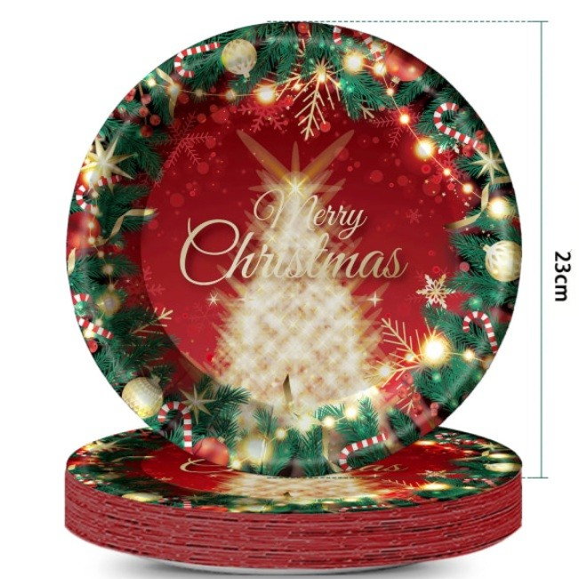 Set 16 Farfurii de Unica Folosinta, Flippy, Model Brad de Craciun Merry Christmas, Tematica Craciun, 23 cm, Rosu/Verde [4]