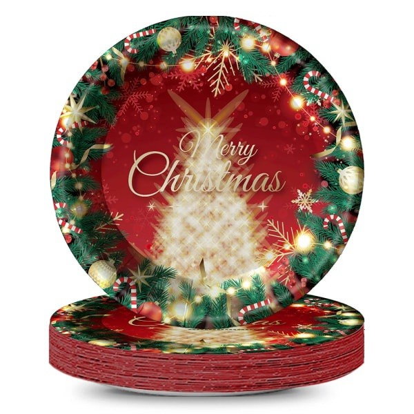 Set 16 Farfurii de Unica Folosinta, Flippy, Model Brad de Craciun Merry Christmas, Tematica Craciun, 23 cm, Rosu/Verde [3]
