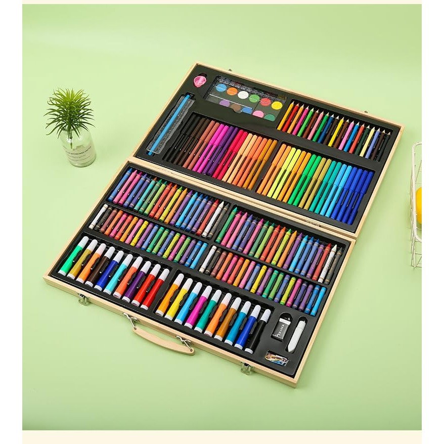 Set 180 Piese pentru Desen si Pictura, Flippy, Tip Servieta din Lemn, Model Natur, 46 x 30.9 x 4.1 cm, Multicolor [3]