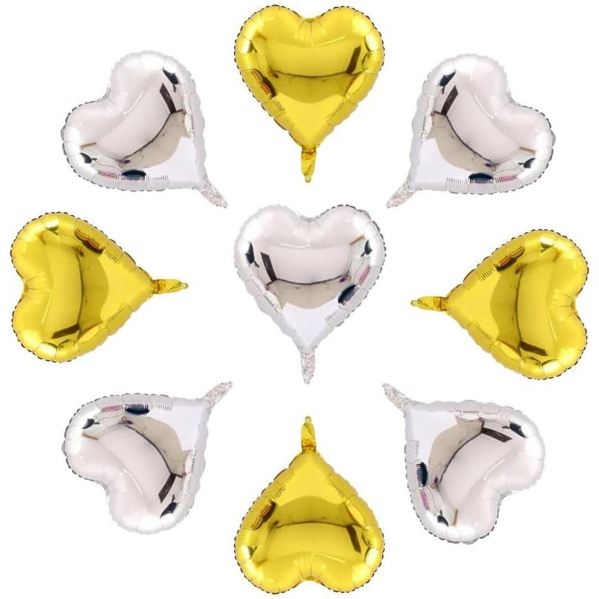 Set 2 Baloane din Folie Metalizata, Flippy, Model Inimi, Tema Ziua Indragostitilor, 45 cm, Ambalaj Individual, Pai Inclus, Umflare cu Aer sau Heliu, Argintiu/Auriu [3]