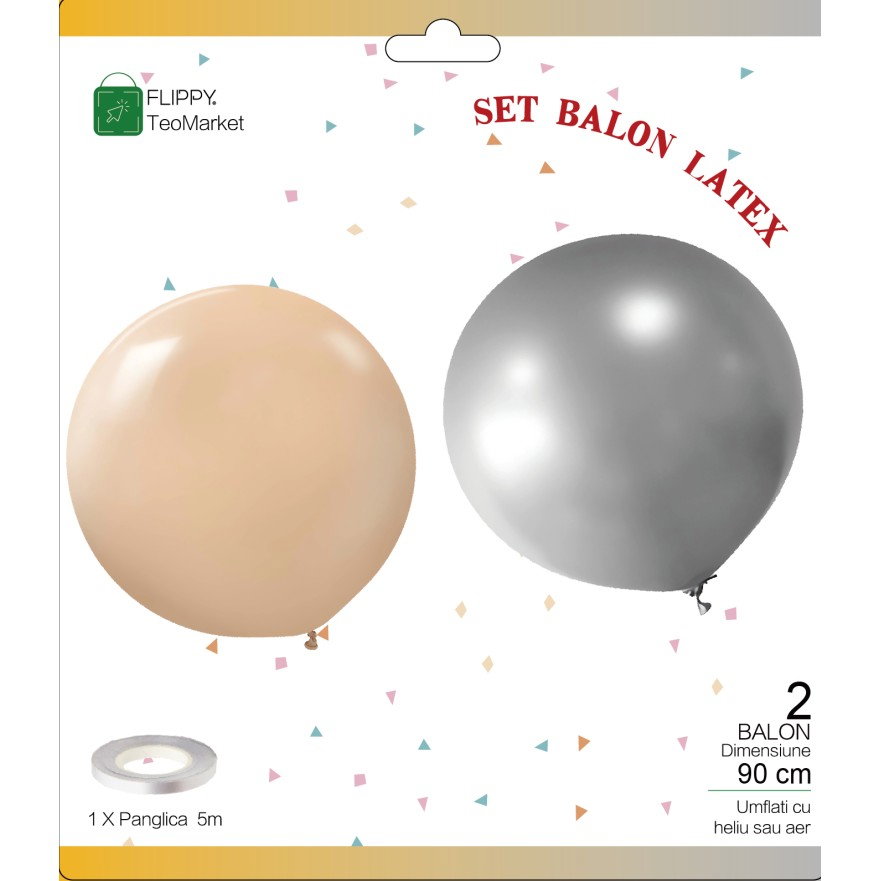 Set 2 Baloane din Latex, Flippy, Model Party Jumbo, 90 cm, Auriu Argintiu, 35 g [4]
