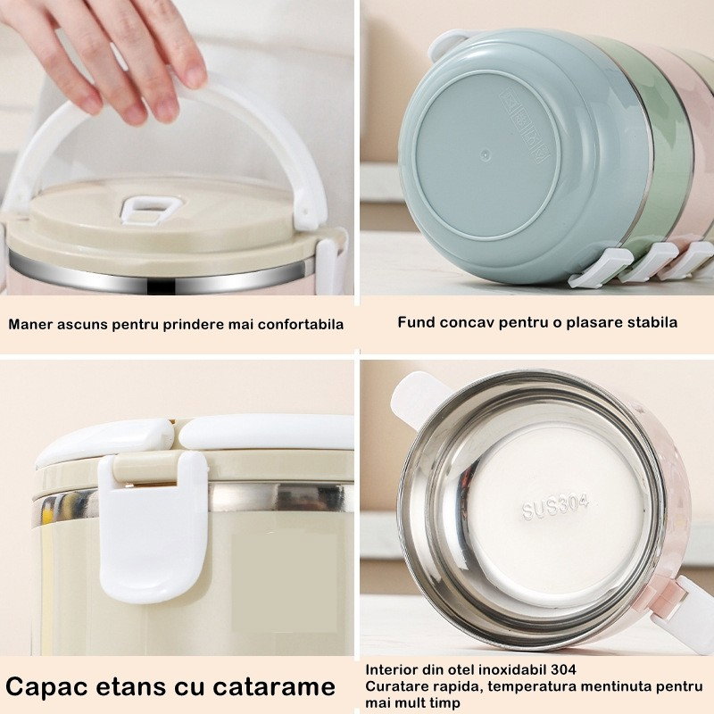 Set 2 Caserole pentru alimente Flippy, lunch box, 1400 ml, otel inoxidabil, maner, valva aerisire, 15.5 x 15 cm, inchidere etansa, multicolor [3]