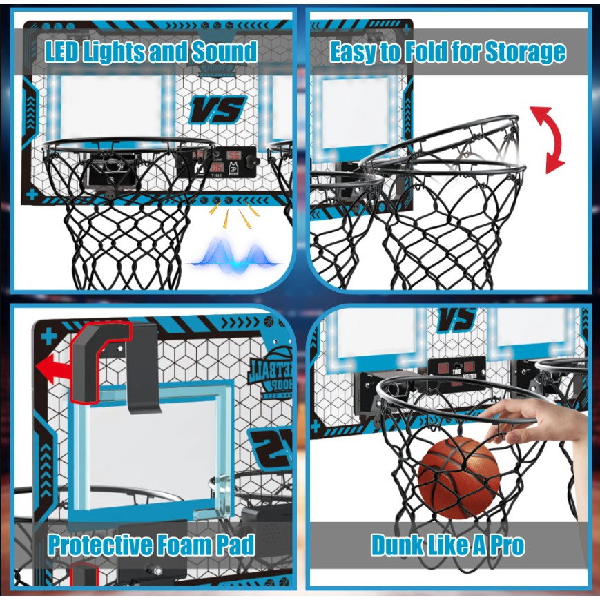 Set 2 Cosuri de Baschet pentru Copii, Flippy, cu Tablou de Bord Electronic, Pentru 2 Jucatori, Minge, Pompa, 2 Moduri, Interior/Exterior, Inel Metalic si Rabatabil cu Arc, Luminos, 60x31x6 cm, Multico [9]