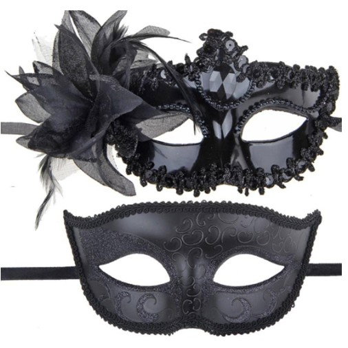 Set 2 Masti de Cuplu, Flippy, pentru Carnaval, Bal Mascat, Marime Universala, Model Floare Laterala si Margele, Model Clasic, Negru Gri [1]