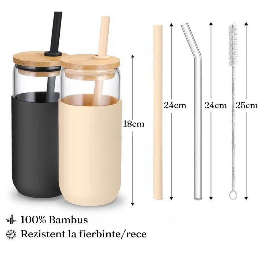 Set 2 Pahare din Sticla Termoizolante Transparente, Flippy, Capace si Paie Incluse, 500 mL, Silicon Negru si Crem [3]