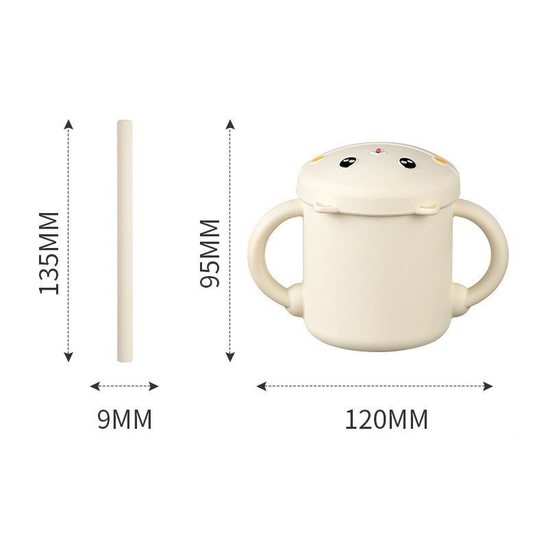 Set 2 Piese Hranire Bebelusi si Copii, Flippy, Cana cu Capac si Pai, din Silicon, fara BPA, de la 12 Luni, Model Pisicuta, 12 x 9.5 x 11 cm, Bej [4]