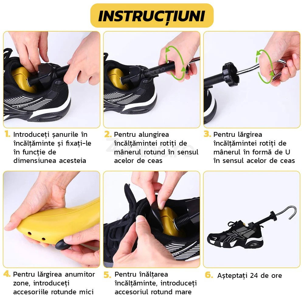 Set 2 Sanuri/Calapoade Reglabilile, Flippy, pentru Alungit si Largit Pantofi, Geanta si Incaltator Incluse, Universale, Unisex, din ABS Premium, Arc, Marime 35 - 42, Galben/Negru [5]