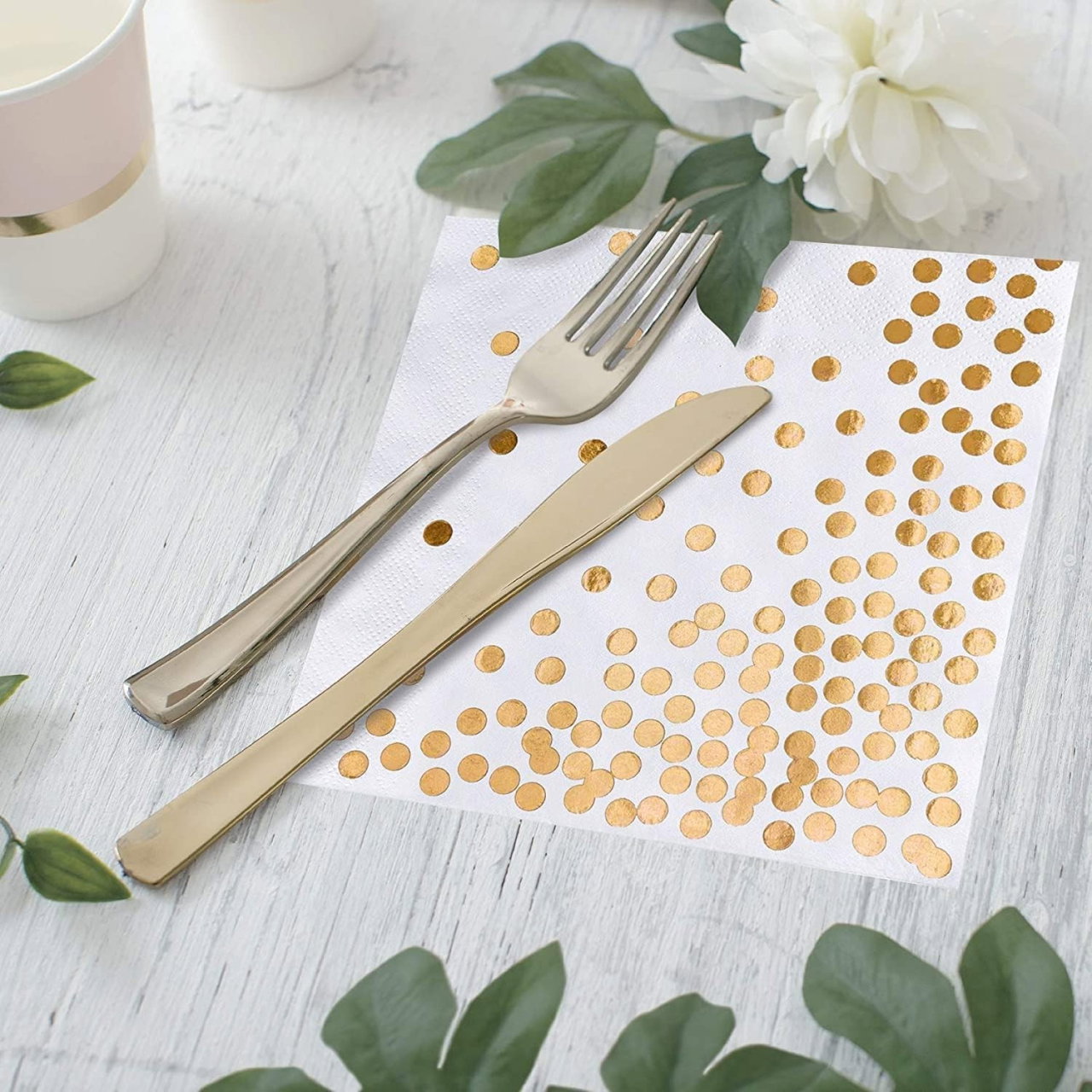 Set 20 de Servetele de Masa, Flippy, Imprimeu cu Buline Aurii, din Hartie, 17 x 17 cm, Alb [2]